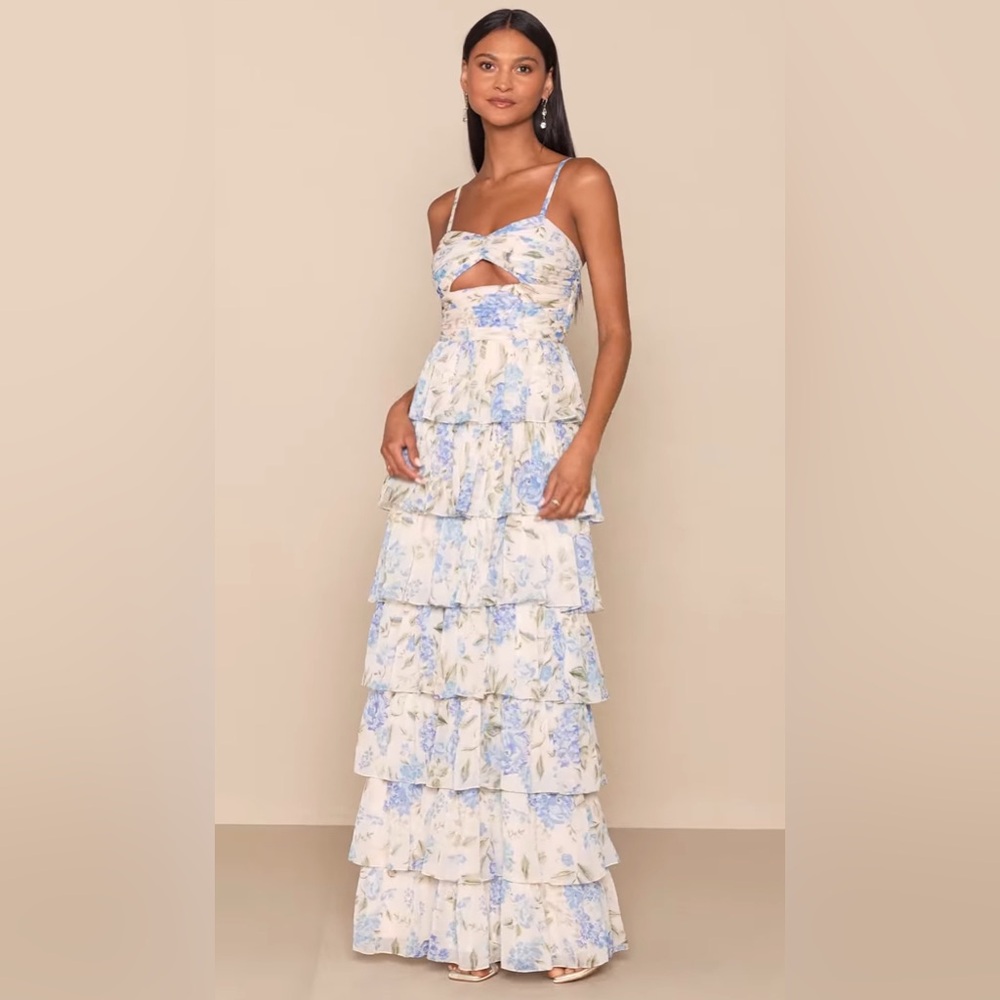 Lulus Arata Tiered Maxi Dress Small Beige Blue Floral Cutout Cottagecore Fairy - Picture 3 of 12